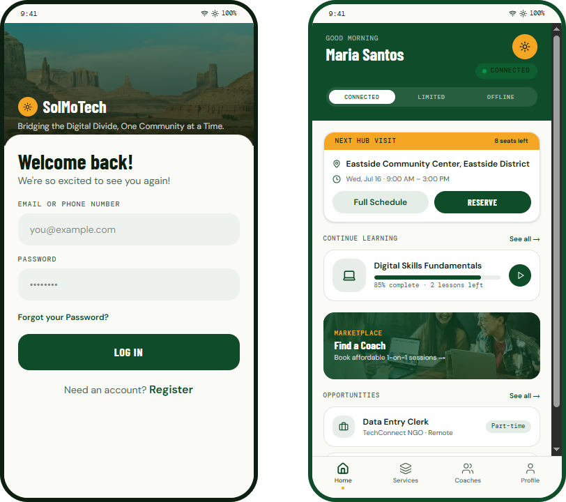 The SolMoTech home screen, first as the original wireframe prototype and then as the case study iteration.