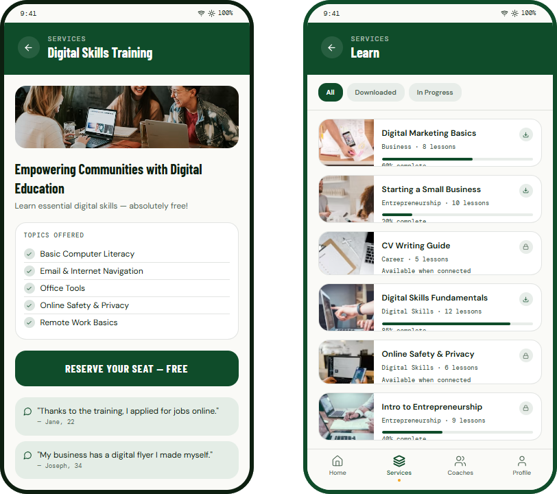 Service detail, before and after, showing coaching brought alongside the learning content.