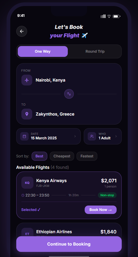WanderLust flight search results with fares and times.