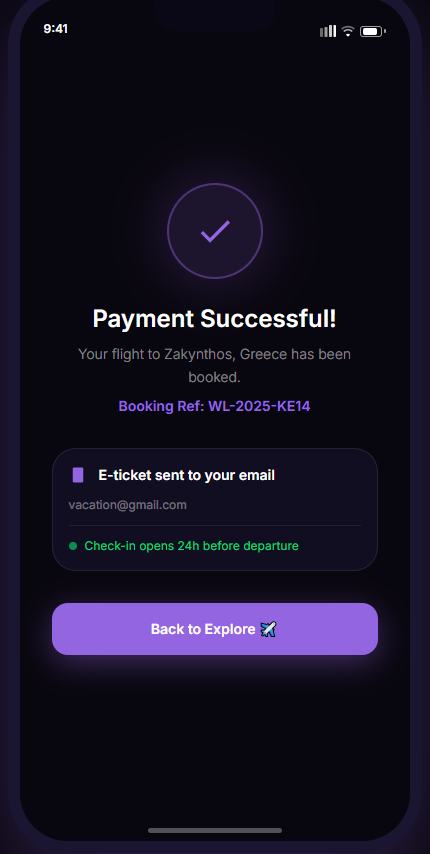 WanderLust payment successful screen.